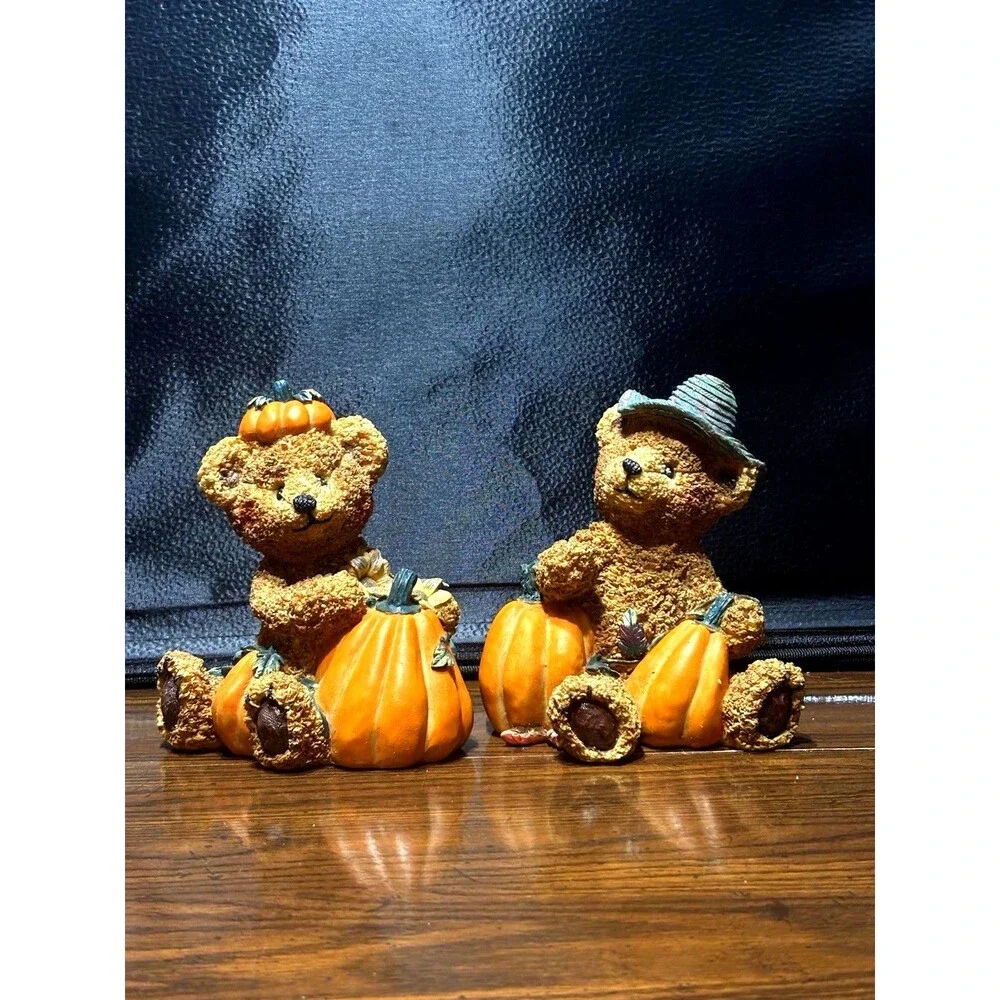 Vintage Large 6 Inch Homco Bear Figurine Set Autumn Thanksgiving Decor